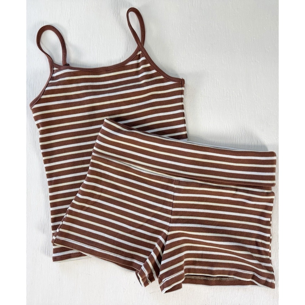NEW ART CLASS striped Tank & Fold Over Short Set L XL Striped Brown Yellow White